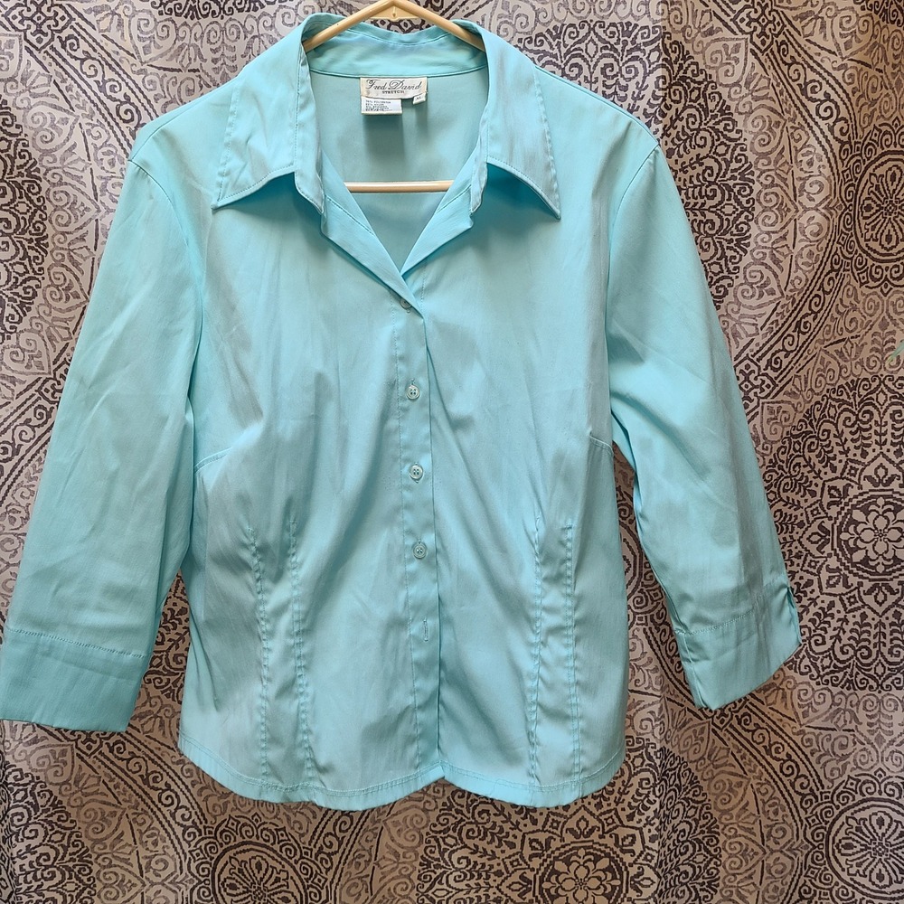 Fred David Button Up Stretch Blouse Womens XL Turquoise Blue 3/4 Sleeve Fitted